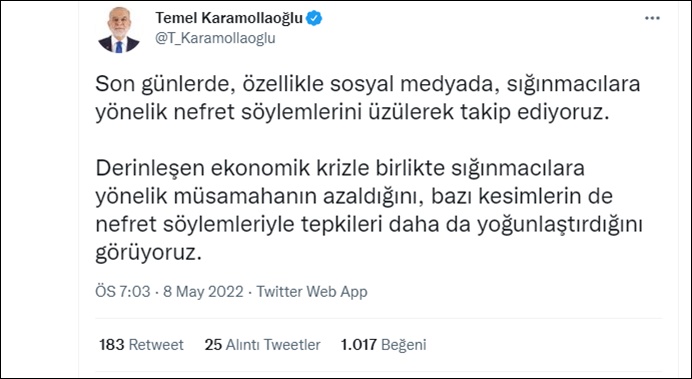 Karamollaoğlu: Siyasiler akıllarını başlarına alsın, fatura mültecilere değil hükümete kesilmeli